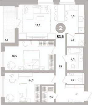 2-к квартира, вторичка, 84м2, 3/16 этаж