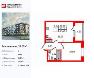 1-к квартира, вторичка, 32м2, 4/5 этаж