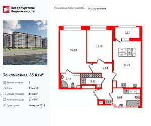 2-к квартира, вторичка, 66м2, 13/17 этаж