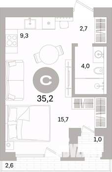 Студия квартира, вторичка, 35м2, 2/7 этаж