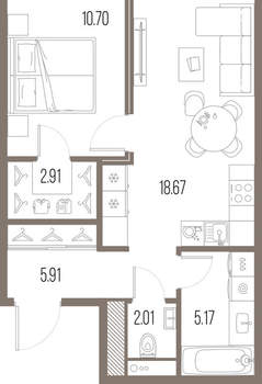 1-к квартира, строящийся дом, 45м2, 7/10 этаж