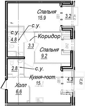 3-к квартира, строящийся дом, 61м2, 7/8 этаж