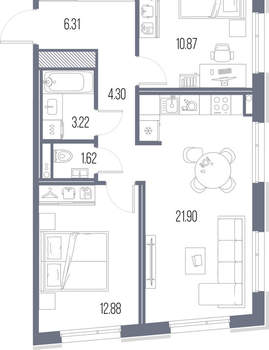 2-к квартира, строящийся дом, 61м2, 6/10 этаж