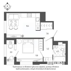 1-к квартира, строящийся дом, 42м2, 6/18 этаж