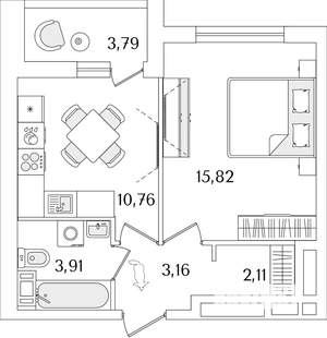 1-к квартира, строящийся дом, 38м2, 10/17 этаж