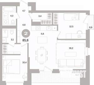 2-к квартира, вторичка, 86м2, 3/15 этаж