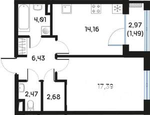 1-к квартира, вторичка, 49м2, 4/9 этаж