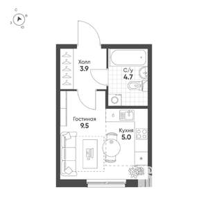 Студия квартира, строящийся дом, 23м2, 2/12 этаж