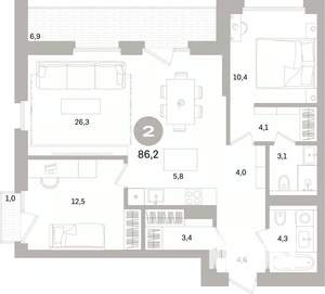 2-к квартира, вторичка, 86м2, 3/15 этаж