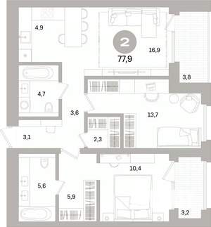 2-к квартира, вторичка, 78м2, 6/16 этаж