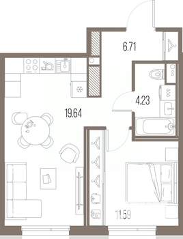 1-к квартира, строящийся дом, 42м2, 10/10 этаж