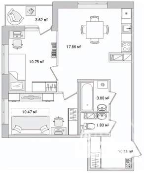 2-к квартира, сданный дом, 54м2, 14/14 этаж