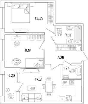 2-к квартира, строящийся дом, 58м2, 9/15 этаж
