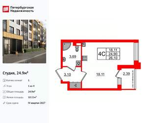 Студия квартира, вторичка, 25м2, 1/4 этаж