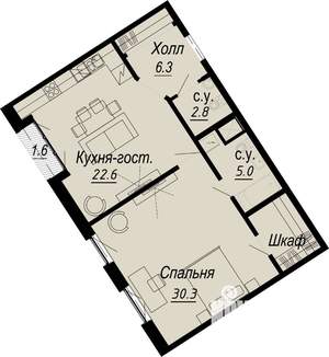 1-к квартира, вторичка, 67м2, 5/8 этаж