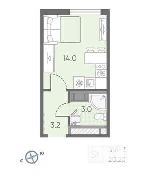 Студия квартира, вторичка, 20м2, 9/25 этаж