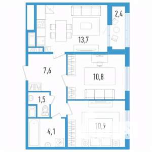 2-к квартира, строящийся дом, 50м2, 9/12 этаж