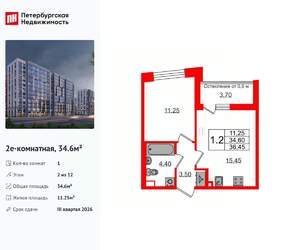 1-к квартира, вторичка, 35м2, 2/12 этаж