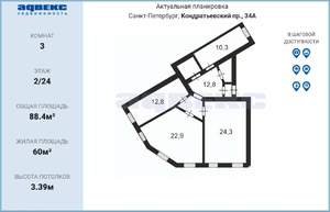 3-к квартира, вторичка, 88м2, 2/24 этаж