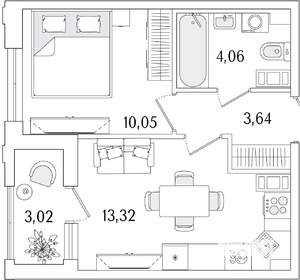 1-к квартира, строящийся дом, 33м2, 10/13 этаж