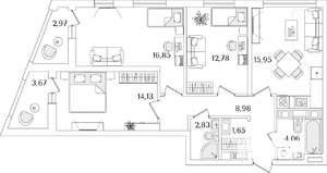 3-к квартира, строящийся дом, 79м2, 15/17 этаж