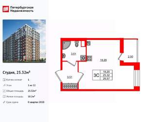 Студия квартира, вторичка, 25м2, 1/12 этаж