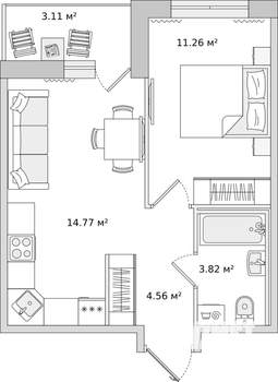 1-к квартира, вторичка, 37м2, 1/16 этаж