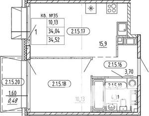 1-к квартира, строящийся дом, 35м2, 5/5 этаж