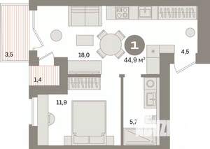 1-к квартира, вторичка, 45м2, 3/7 этаж