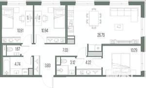 3-к квартира, строящийся дом, 84м2, 9/10 этаж