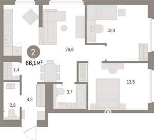2-к квартира, вторичка, 66м2, 3/15 этаж