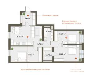 3-к квартира, строящийся дом, 95м2, 6/6 этаж
