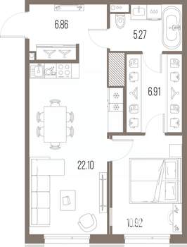 1-к квартира, строящийся дом, 52м2, 4/10 этаж