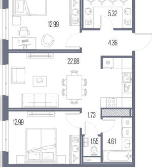 2-к квартира, строящийся дом, 66м2, 10/10 этаж