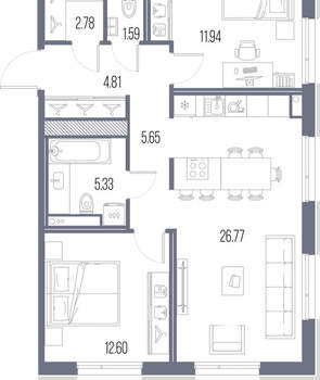 2-к квартира, строящийся дом, 71м2, 10/10 этаж
