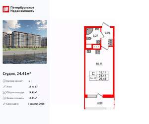 Студия квартира, вторичка, 24м2, 13/17 этаж