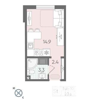 Студия квартира, вторичка, 21м2, 6/22 этаж