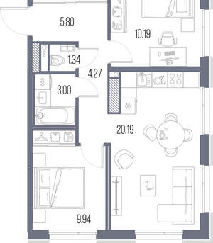 2-к квартира, строящийся дом, 55м2, 7/10 этаж