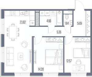 2-к квартира, строящийся дом, 68м2, 9/10 этаж