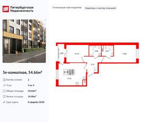 2-к квартира, вторичка, 55м2, 4/4 этаж