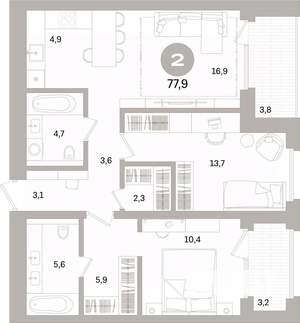 2-к квартира, вторичка, 78м2, 4/16 этаж