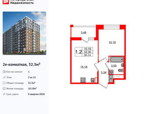 1-к квартира, вторичка, 32м2, 2/12 этаж
