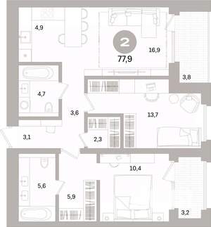 2-к квартира, вторичка, 78м2, 6/16 этаж