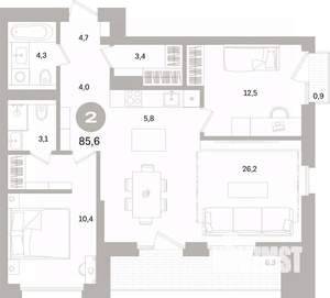 2-к квартира, вторичка, 86м2, 12/15 этаж
