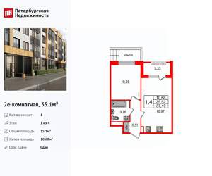 1-к квартира, вторичка, 35м2, 1/4 этаж