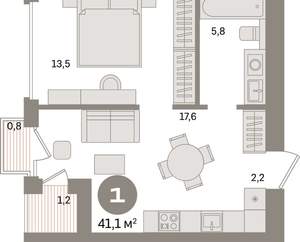 1-к квартира, вторичка, 41м2, 4/17 этаж