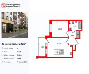 1-к квартира, вторичка, 36м2, 1/4 этаж