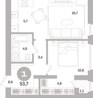 1-к квартира, вторичка, 54м2, 3/17 этаж