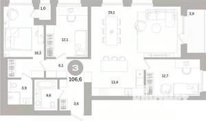 3-к квартира, вторичка, 107м2, 10/16 этаж
