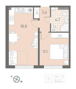 1-к квартира, вторичка, 38м2, 2/4 этаж